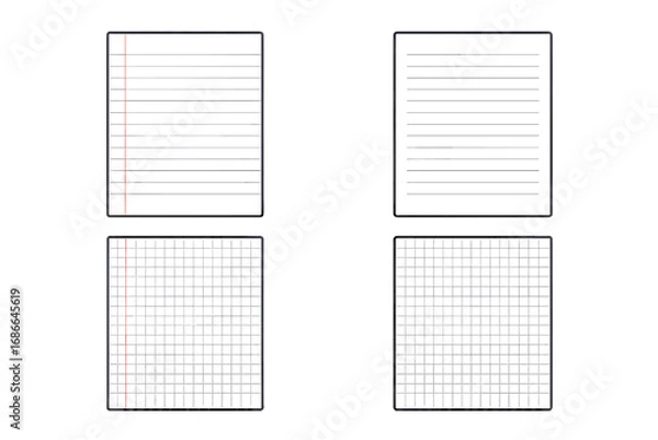 Obraz Set of blank paper sheets. Lined and grid paper templates for notebook or notepad. Vector illustration of A4 school writing paper with lines and margin. Isolated mockup pages.