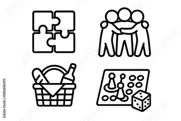 Fototapeta Outline Team Building Icons Set Including Group Rewards, Puzzle Pieces, Team Huddle, Picnic Basket, and Board Game Elements, Cartoon Vector Illustration for Corporate and Social Activities