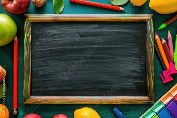 Fototapeta High Quality Image of Top View Back to School with Chalkboard