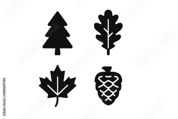 Fototapeta Tree Species Icons Solid Filled Vector Set with Pine Tree, Oak Leaf, Maple Leaf, Birch Bark, Fir Cone, Nature Symbols, Botanical Identification, Forest Elements