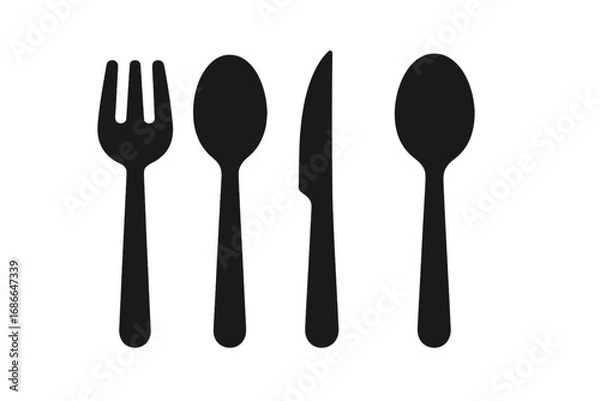 Fototapeta Utensil icon grid solid filled set with eating and serving utensils including salad fork, soup spoon, steak knife, serving spoon, vector cartoon illustration
