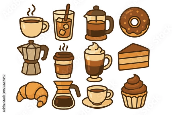 Obraz Stylized Coffee and Dessert Icons Collection, Playful Vector Cartoon Illustrations Featuring Various Coffee Brewing Methods, Hot and Cold Coffees, Cupcakes, Donut, Croissant, and Cake
