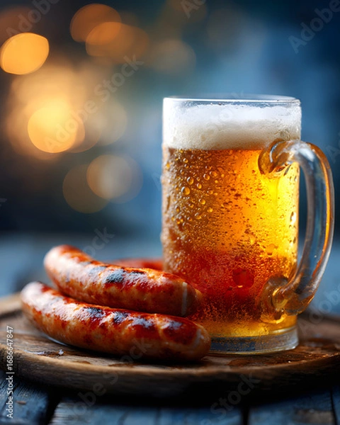 Fototapeta A close-up of golden bratwurst and frosty beer evoking warmth and celebration.