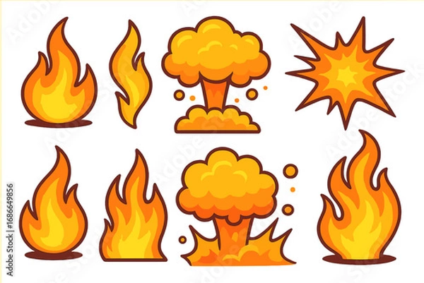 Obraz Vibrant flame and explosion vector illustrations, fiery cartoon fire icons with bright orange and yellow colors, distinct shapes, comic-style fire bursts, smoke clouds, transparent background set
