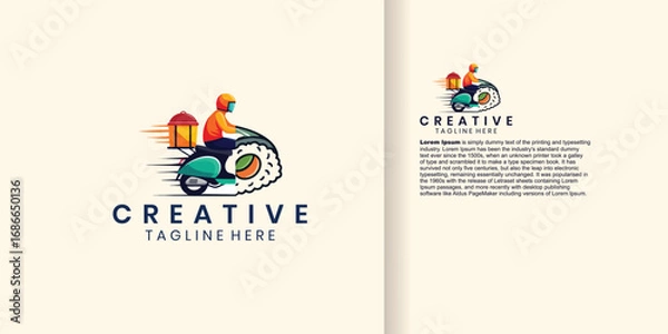 Obraz Creative logo design featuring a person riding a scooter shaped like a sushi roll, delivering food with lanterns.