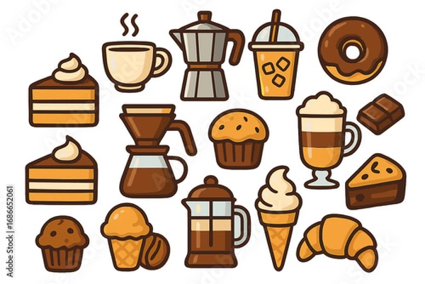 Obraz Stylized coffee and dessert icons in playful pattern showcasing various coffee brewing methods, delicious sweet treats, cakes, muffins, ice cream, donuts, croissants vector cartoon illustration