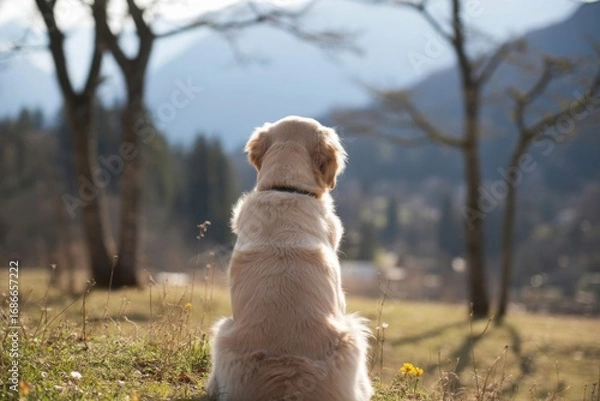 Obraz Back view of a golden retriever puppy sitting and looking at a beautiful natural landscape of mountains and trees in the afternoon. The image conveys a sense of tranquility