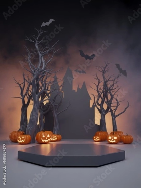 Fototapeta A 3D Halloween scene with a hexagonal product podium. The background features a spooky castle silhouette and bare trees, with glowing jack-o'-lanterns and flying bats