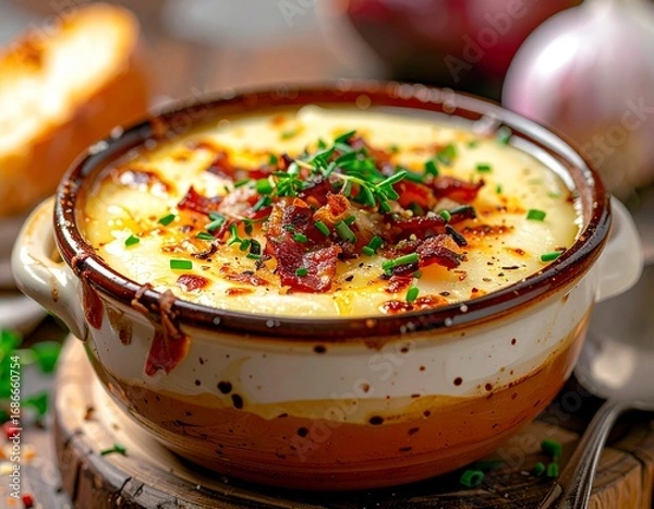 Fototapeta French onion soup with bacon and cheese
