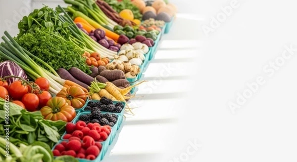 Fototapeta Vibrant and Fresh Local Produce at a Farmers Market with Copy Space