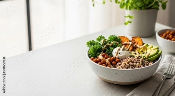 Fototapeta Vibrant and Nutritious Plant-Based Buddha Bowl with Quinoa, Avocado, Kale, and Roasted Chickpeas on a Bright Table.