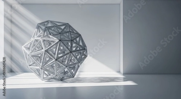 Fototapeta Hyper-Detailed Geometric Polyhedron in a Modern Minimalist White Room with Dynamic Sunlight Shadows