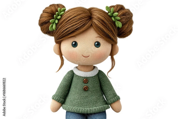 Fototapeta A charming, handmade doll featuring brown hair styled in buns, wearing a green sweater with buttons and jeans, adorned with green accents.