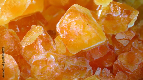 Fototapeta Close up macro photograph of vibrant orange and yellow mineral salt crystals with natural texture and sparkling facets