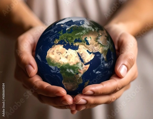 Fototapeta Our World in Our Hands A conceptual image symbolizing environmental care, global responsibility, and a sustainable future for planet Earth