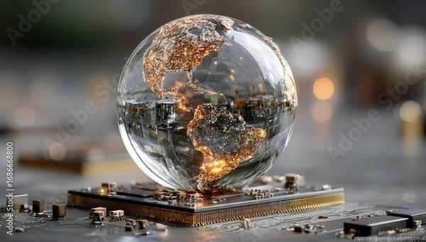 Obraz A clear glass globe, revealing illuminated continents, sits atop a computer chip
