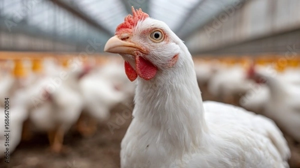Fototapeta Close-up of a white hen in a modern poultry farm setting showing its features and environment clearly