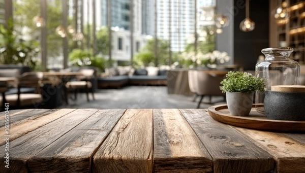 Fototapeta Rustic wooden table foreground with blurred cafe scene, interior details, and city backdrop