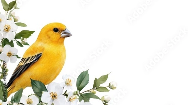 Fototapeta Yellow watercolor bird perched with green leaves and soft spring flowers in isolated floral decor