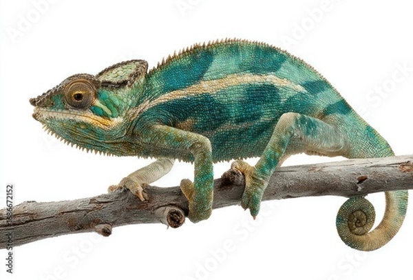 Fototapeta A chameleon rests on a slender branch against a bright white background. Its body features mottled turquoise and tan patterns