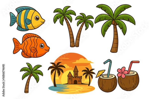 Fototapeta Tropical beach elements set with cartoon fish, palm trees, coconut drinks, and sunset sandcastle. Vector illustration icon collection for summer vacation, travel and island themes.