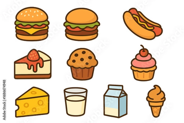 Fototapeta Food icon collection. Cute cartoon vector set of fast food, desserts and dairy products. Burger, hot dog, cake, cupcake, muffin, cheese, milk and ice cream. Flat design style.