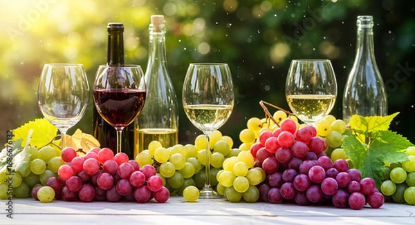 Obraz Fresh grapes and wine bottles arranged on table in garden setting  