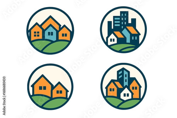 Fototapeta Real estate logo set. Collection of circular vector icons with houses and city buildings. Symbol for property, construction, community, home, and urban or suburban development.