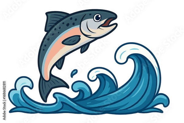 Fototapeta Vibrant salmon leaps over dynamic ocean waves, cartoon vector illustration with transparent background, aquatic wildlife, jumping fish motion, nature and water environment design