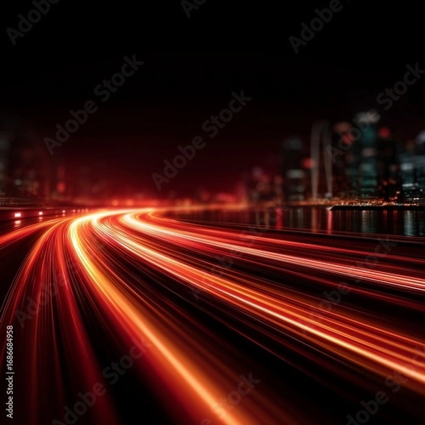 Fototapeta Red glowing light line with futuristic motion effect and abstract automobile blur, dynamic laser trail and beam streak isolated on transparent PNG background, speed and night city design element