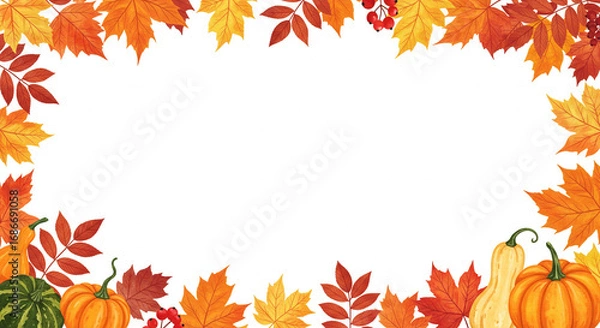Fototapeta Autumn leaves on table with pumpkins and colorful foliage for Thanksgiving  