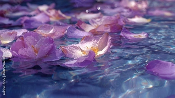Obraz Ephemeral Petals: Floating serenely on the crystal-clear water, delicate purple flower petals create a mesmerizing tableau of tranquility and beauty.