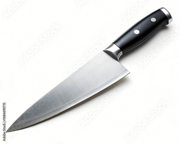 Fototapeta Chef's knife with stainless steel blade and black handle on white background High resolution image