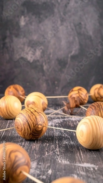Obraz Wooden sphere mobile, dark background