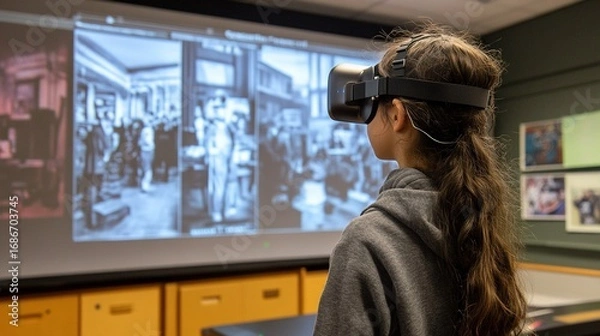 Fototapeta A student in an AR classroom, interacting with AI-guided virtual elements to explore historical events.