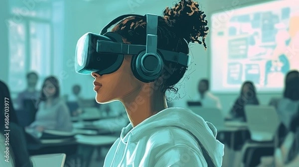 Fototapeta A student attending a virtual classroom via VR, where AI-powered tutors provide personalized learning.
