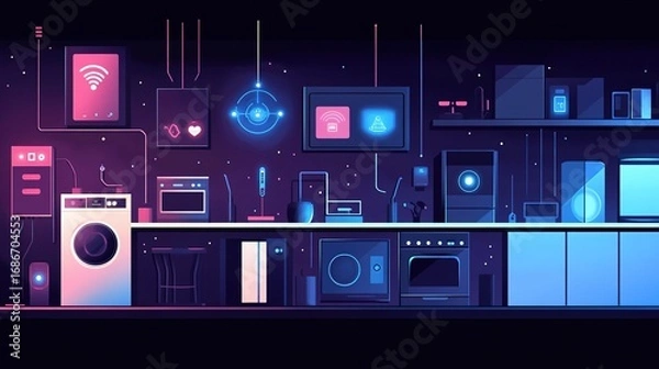 Fototapeta A smart home system in vector style, featuring AI-driven appliances interconnected with sleek IoT designs.