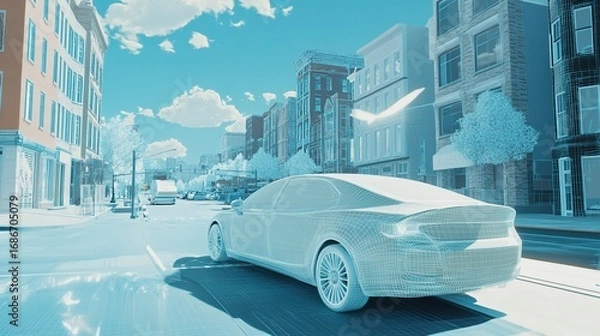 Fototapeta A self-driving car in a 3D-rendered cityscape, where AI controls the vehicleÃ¢â‚¬â„¢s route and interacts with traffic systems.