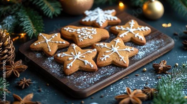 Fototapeta Festive star-shaped gingerbread cookies decorated with white icing, sprinkled with star anise and cinnamon, embodying holiday warmth and cheer