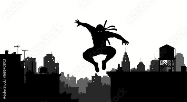Obraz ninjas night leap urban shadow warriors rooftop assault, isolated on transparent background