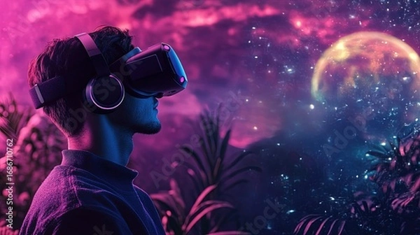 Fototapeta A professional using a VR headset to attend a virtual conference, integrating remote work and virtual collaboration seamlessly.