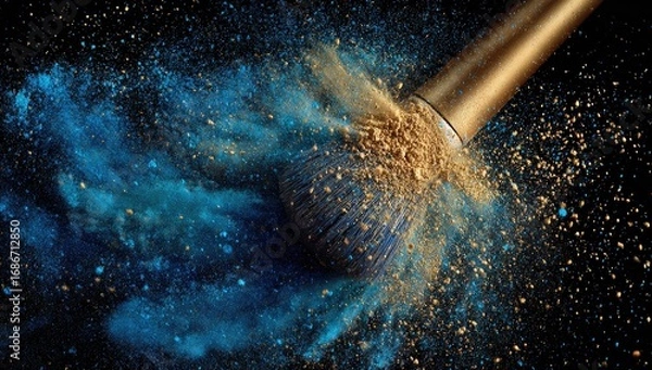 Fototapeta Golden makeup brush exploding with vibrant blue and gold powder