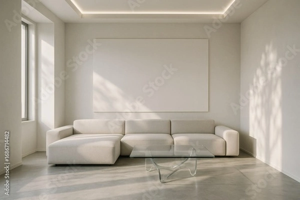 Fototapeta Modern minimalist living room with white sectional sofa, abstract wall art, and glass coffee table.