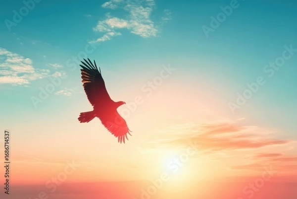 Obraz Majestic Eagle Soaring Through a Vibrant Sunset Sky: A Symbol of Freedom and Hope