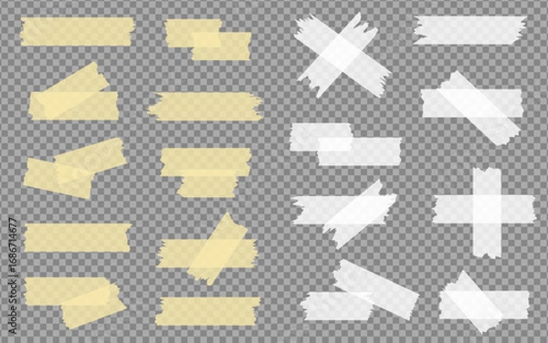 Fototapeta Torn scotch tape set. Sticky paper tape set. Adhesive transparent sticky stripe. Torn adhesive scotch stripe isolated.