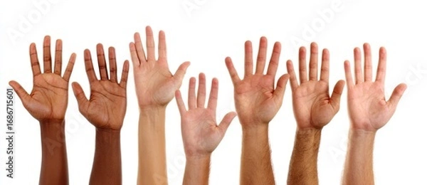 Obraz A row of arms and open hands of diverse skin tones are raised against a bright white background. The hands are angled upwards, palms facing outward