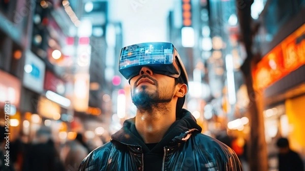 Fototapeta A person using AR glasses to overlay AI-generated directions while walking through a busy city, integrating real-time navigation with everyday life.