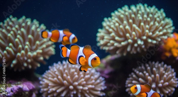 Fototapeta Clownfish's Lively underwater Paradise: Several vibrant clownfish dart playfully amidst a lush, coral reef ecosystem, their orange and white stripes contrasting beautifully with the azure backdrop.  