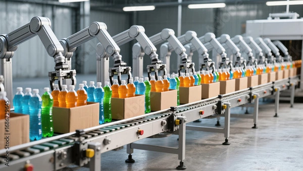 Fototapeta Automated beverage bottling process in modern industrial facility.