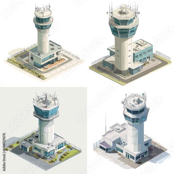 Fototapeta Isometric illustrations of airport control towers with detailed modern architecture, perfect for aviation design, infographics, and infrastructure projects.
